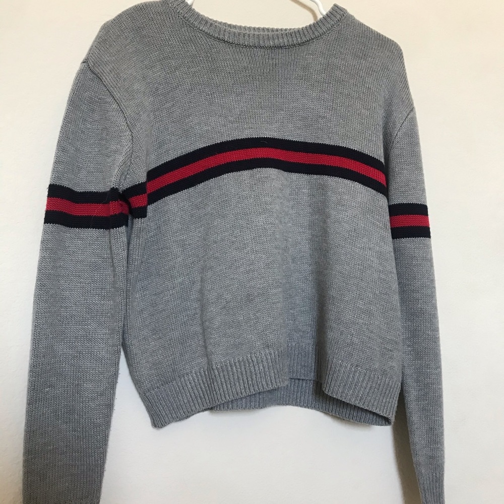 Cotton Emporium, gray sweater-red and black stripe